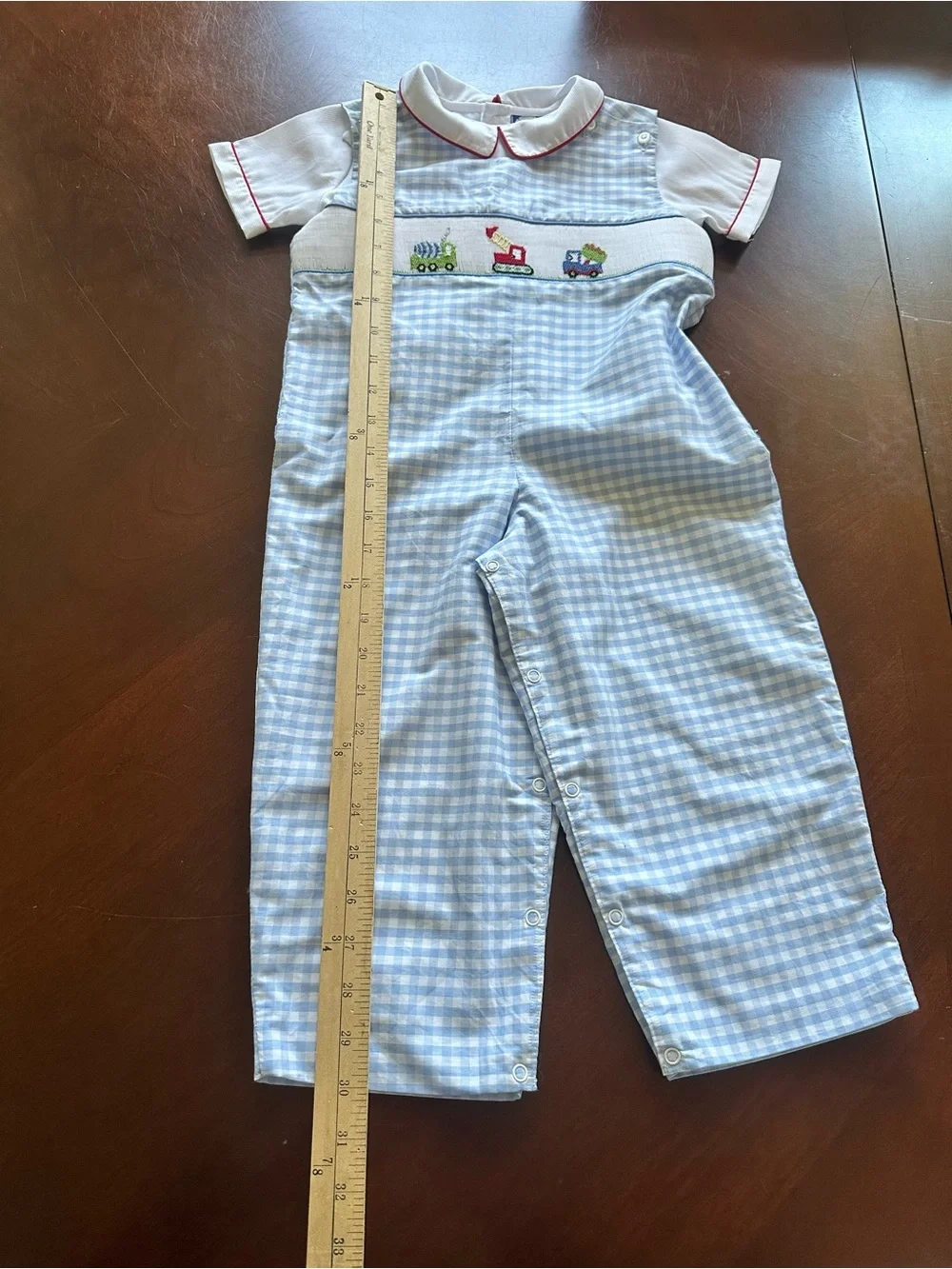 Classic Blue Gingham Smocked Train Romper - Kids Matching Set Vintage smocking